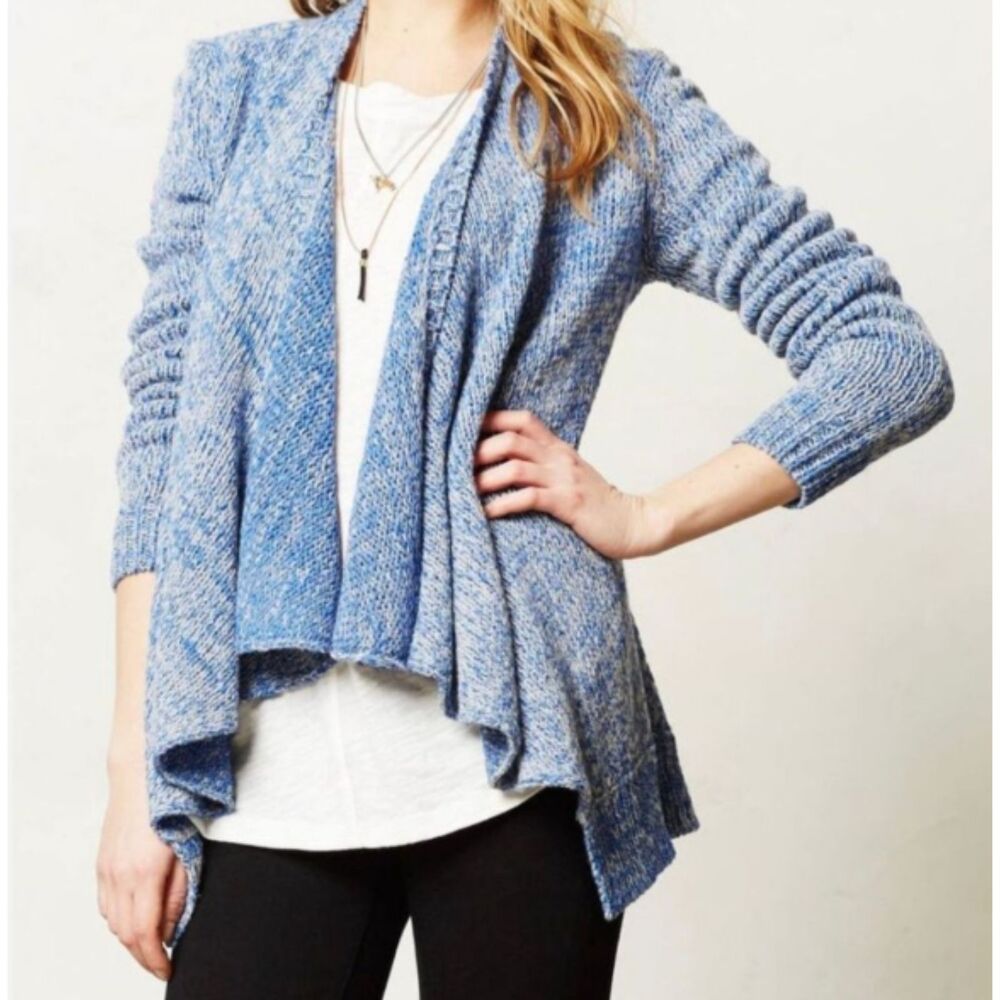 Anthropologie Moth Blue White Marled Open Front Cardigan Sweater Small